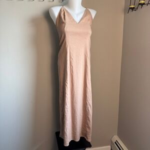 Zara Lattice Tie Back Linen Blend Midi Dress Beige/Tan Medium High Slit Cocktail